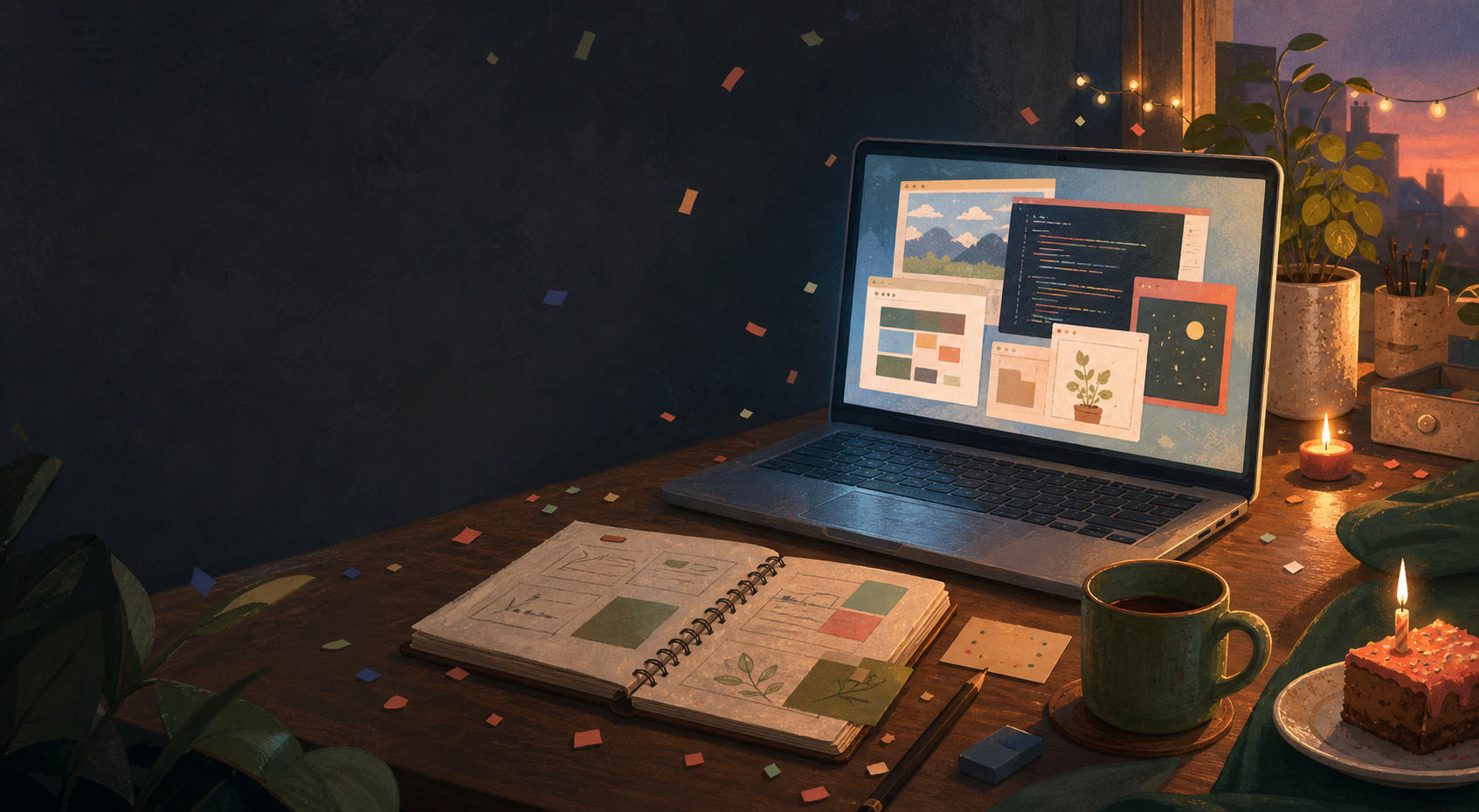Illustration eines kleinen digitalen Werkstatttischs zum Geburtstag
